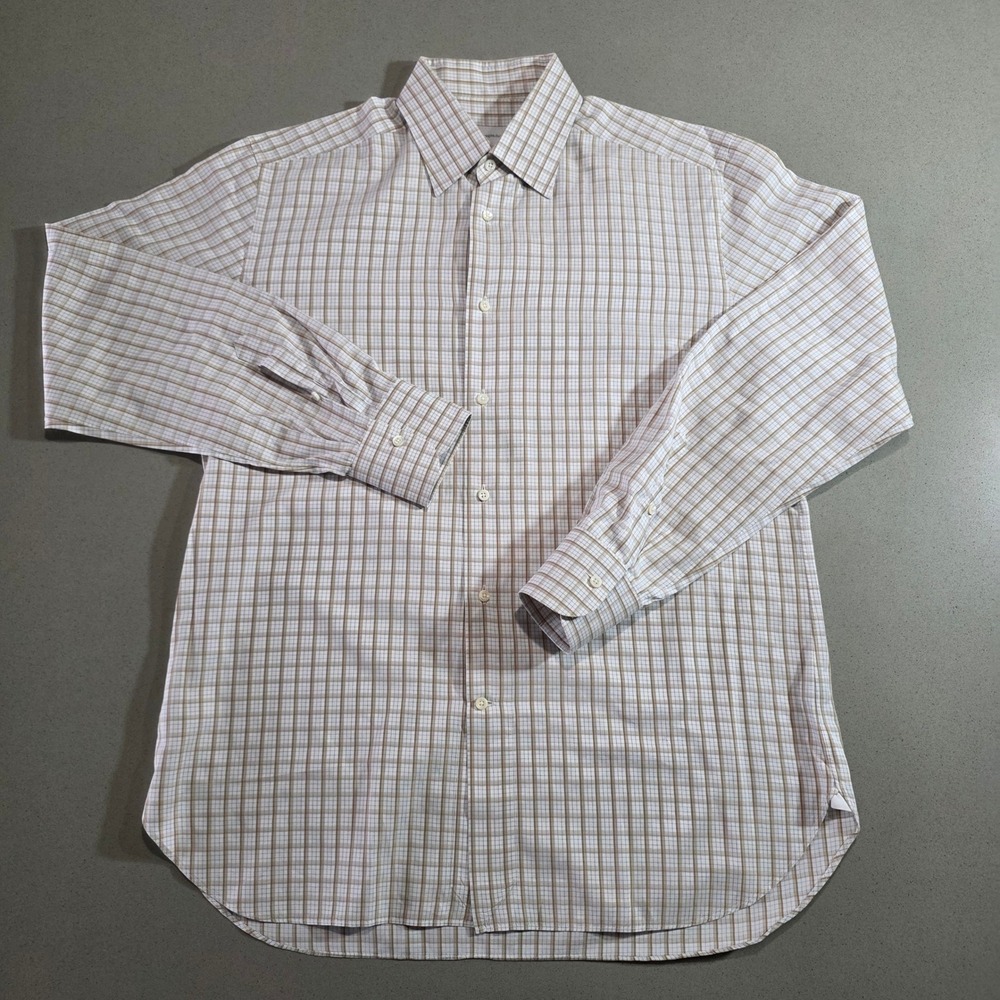 Ermenegildo Zegna Mens Tan Blue Plaid Cotton Dress Shirt Size 16.5 42